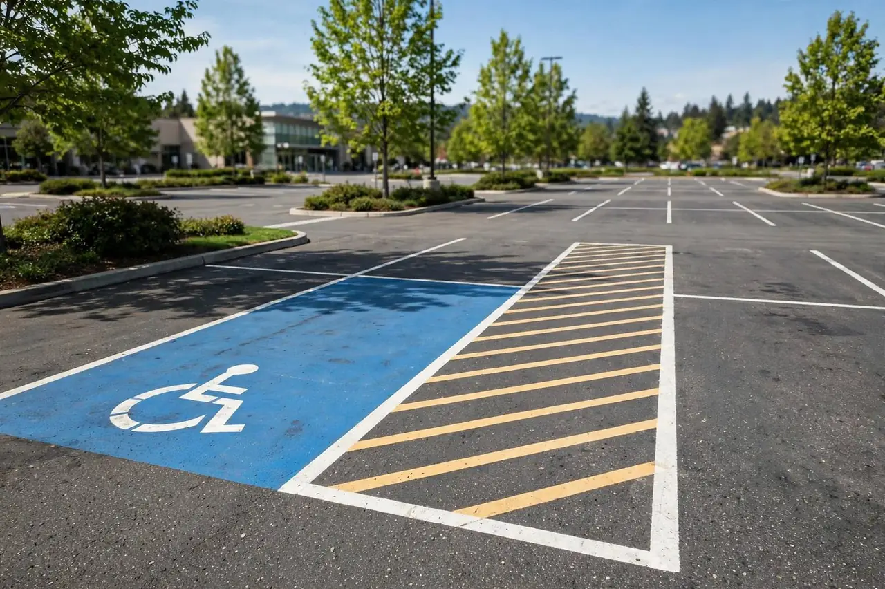 Blue accessible parking space with wheelchair symbol and diagonally striped access aisle in a commercial lot