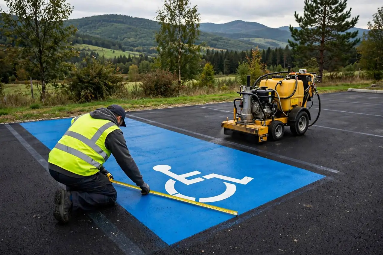 Striping contractor measuring a blue accessible parking stall with a tape measure