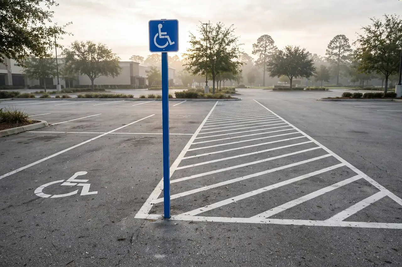 Van-accessible parking space with a blue sign post and wide hatched access aisle