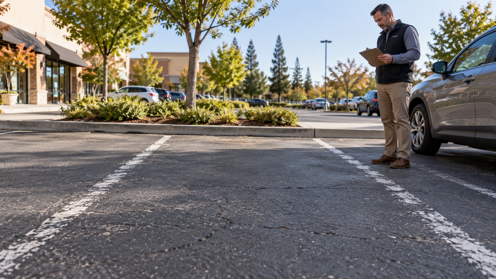 Property manager inspecting faded parking stall lines