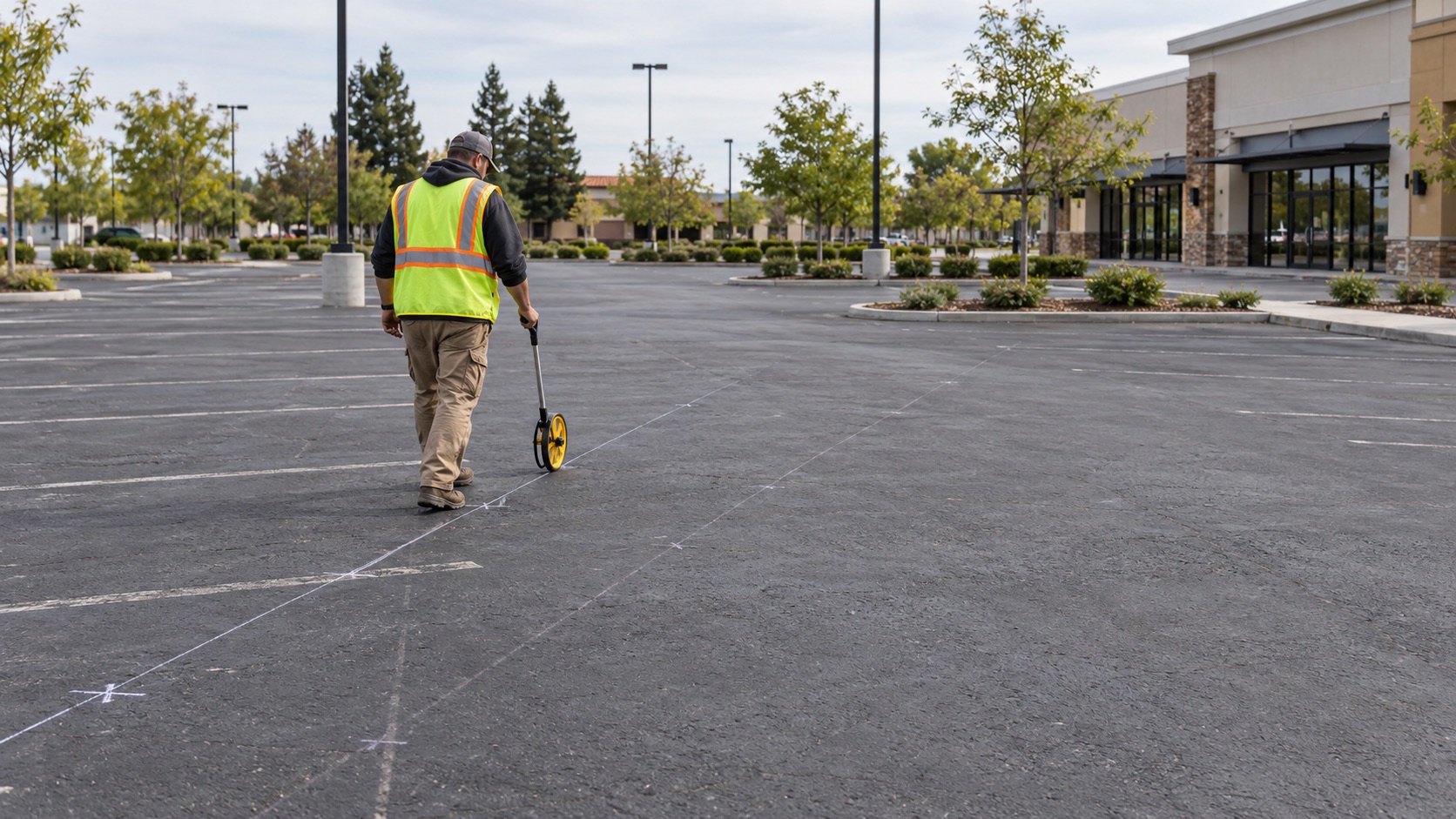 Contractor measuring a parking lot before striping