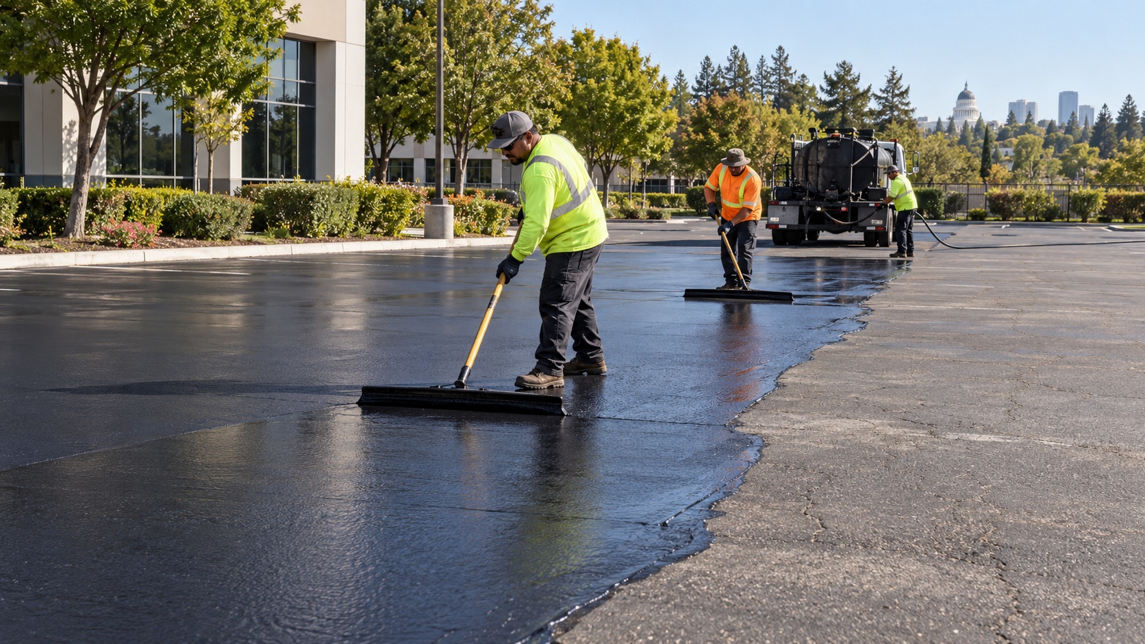 Crew applying sealcoat to a commercial parking lot