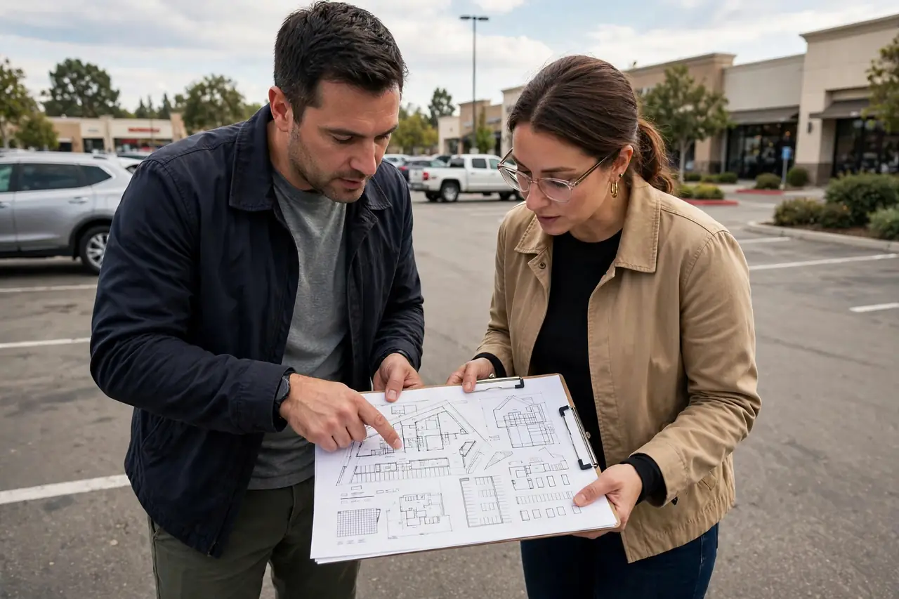 Contractor and property owner reviewing a written work estimate at the property