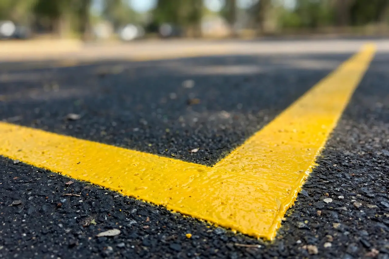 Close-up of crisp freshly painted yellow parking stall lines on asphalt