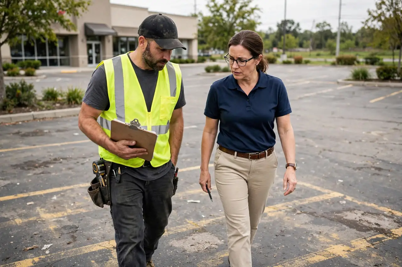 Striping contractor with a clipboard walking a commercial parking lot with a property manager