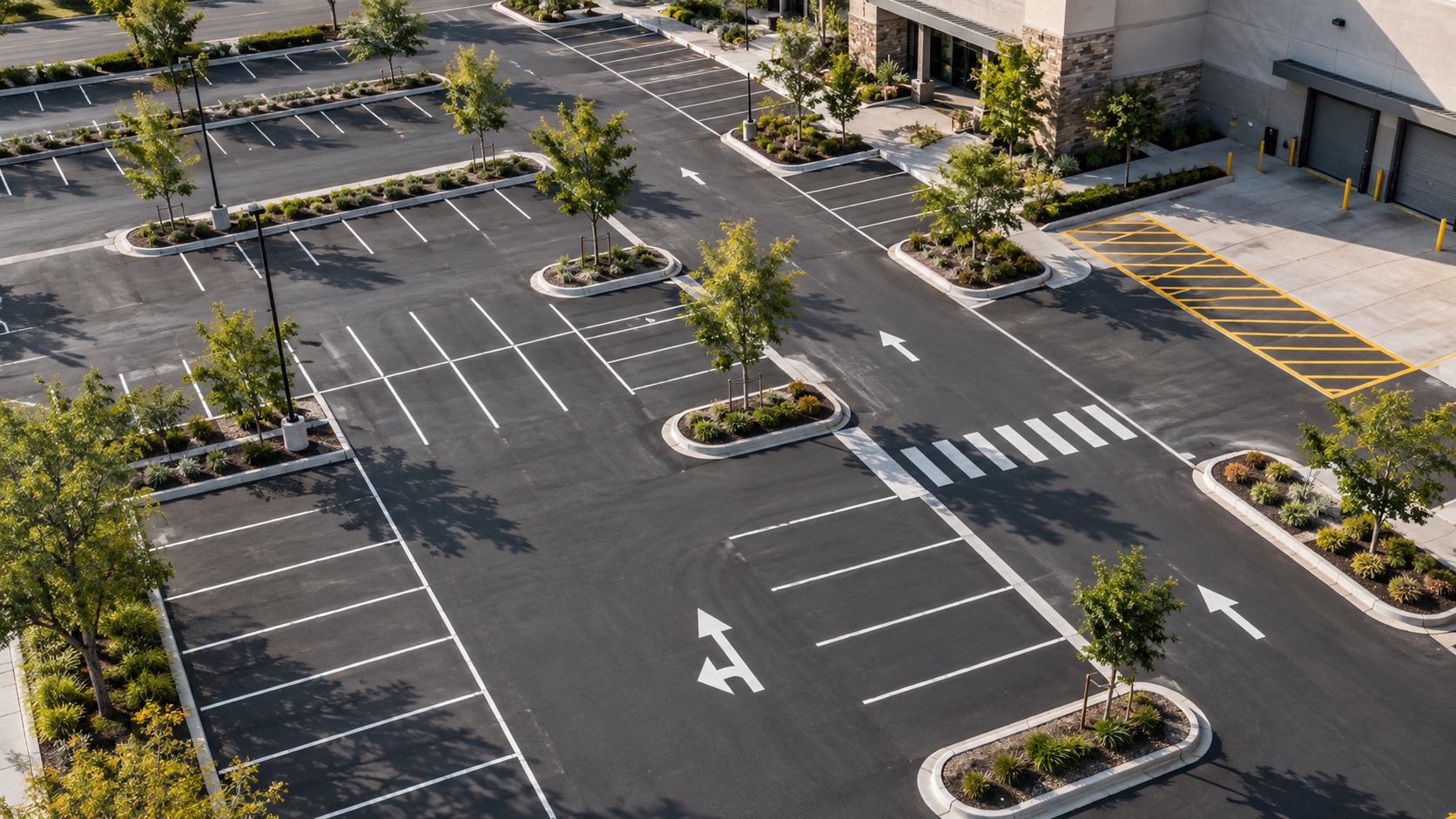 Aerial view showing varied parking lot markings and layout complexity