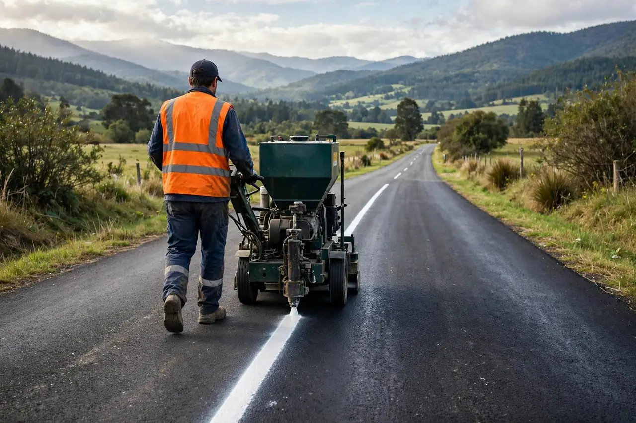 Operator guiding a line-marking machine painting a yellow line