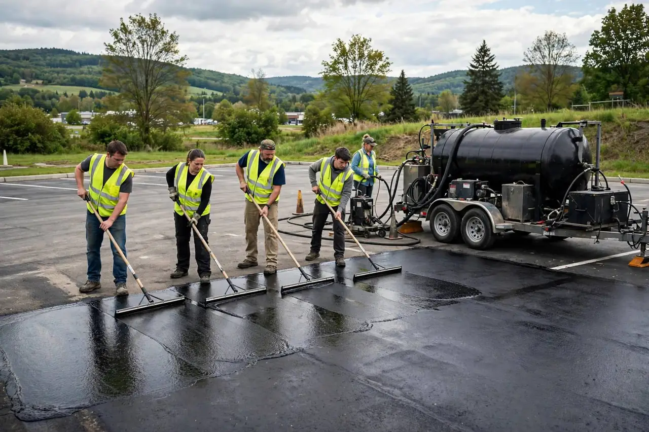 Crew applying sealcoat to a commercial parking lot
