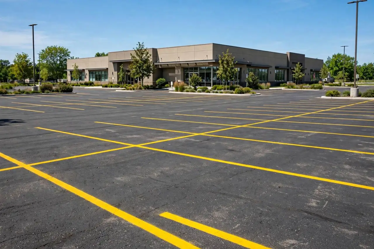 Fresh yellow parking-space lines on an empty asphalt lot